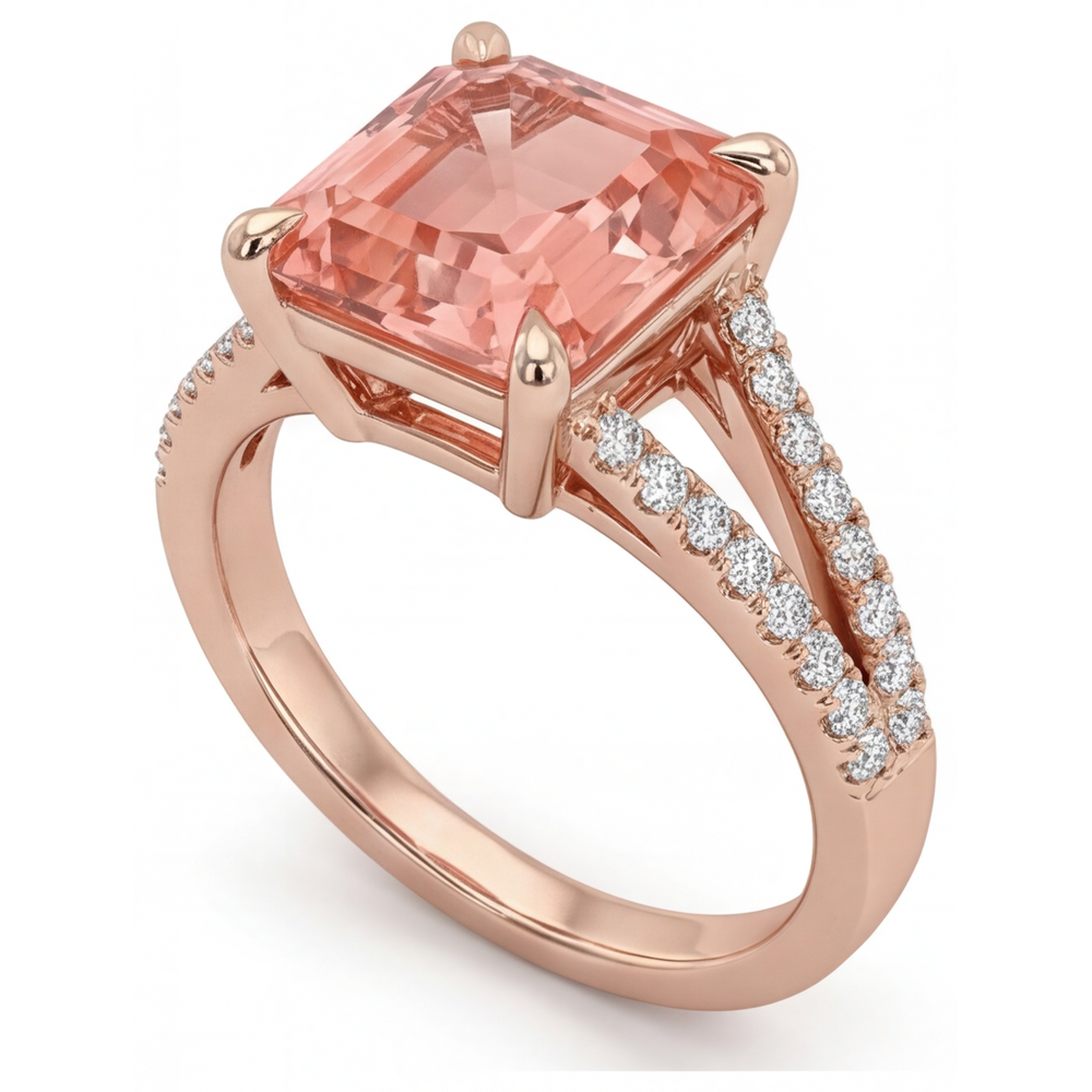 Pfirsich-Saphir Verlobungsring 4,3 Karat im Labor gezüchtet Smaragdschliff Padparadscha Pavé 14 Karat Roségold