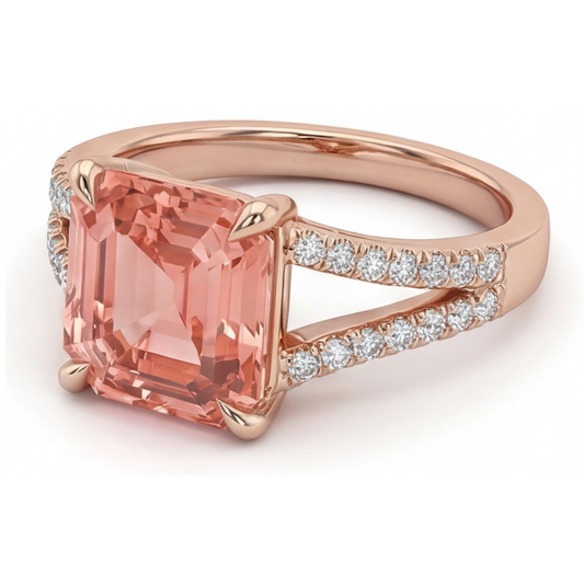Pfirsich-Saphir Verlobungsring 4,3 Karat im Labor gezüchtet Smaragdschliff Padparadscha Pavé 14 Karat Roségold