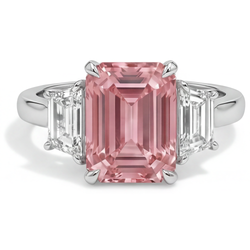 Pfirsichfarbener Padparadscha-Saphir-Ring, 4,6 Karat, im Labor gezüchtet, Smaragdschliff und weisse Trapez-Steine, Dreistein-Kathedralfassung, 14 Karat Gold