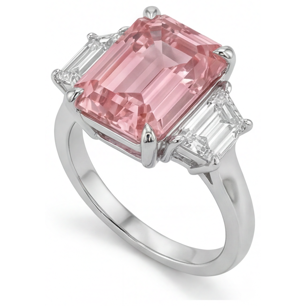 Pfirsichfarbener Padparadscha-Saphir-Ring, 4,6 Karat, im Labor gezüchtet, Smaragdschliff und weisse Trapez-Steine, Dreistein-Kathedralfassung, 14 Karat Gold