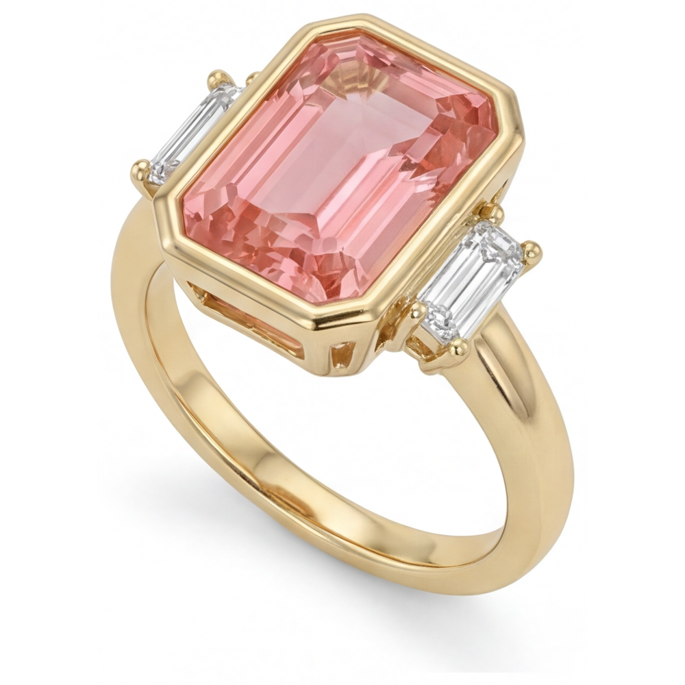 Laborgezüchteter Padparadscha-Saphir-Ring, 4,6 Karat, Smaragdschliff und weisse Baguettes, Lünette, Dreistein, 14 Karat Gelbgold
