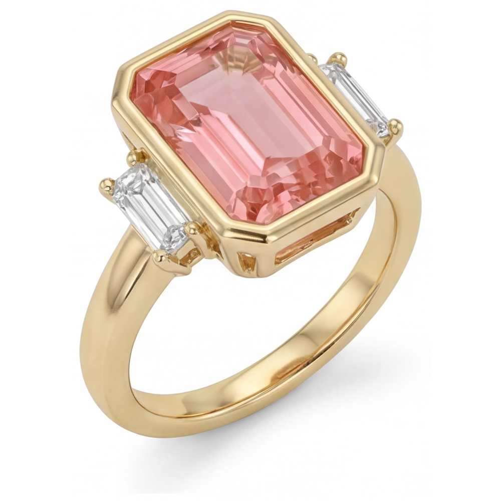 Laborgezüchteter Padparadscha-Saphir-Ring, 4,6 Karat, Smaragdschliff und weisse Baguettes, Lünette, Dreistein, 14 Karat Gelbgold