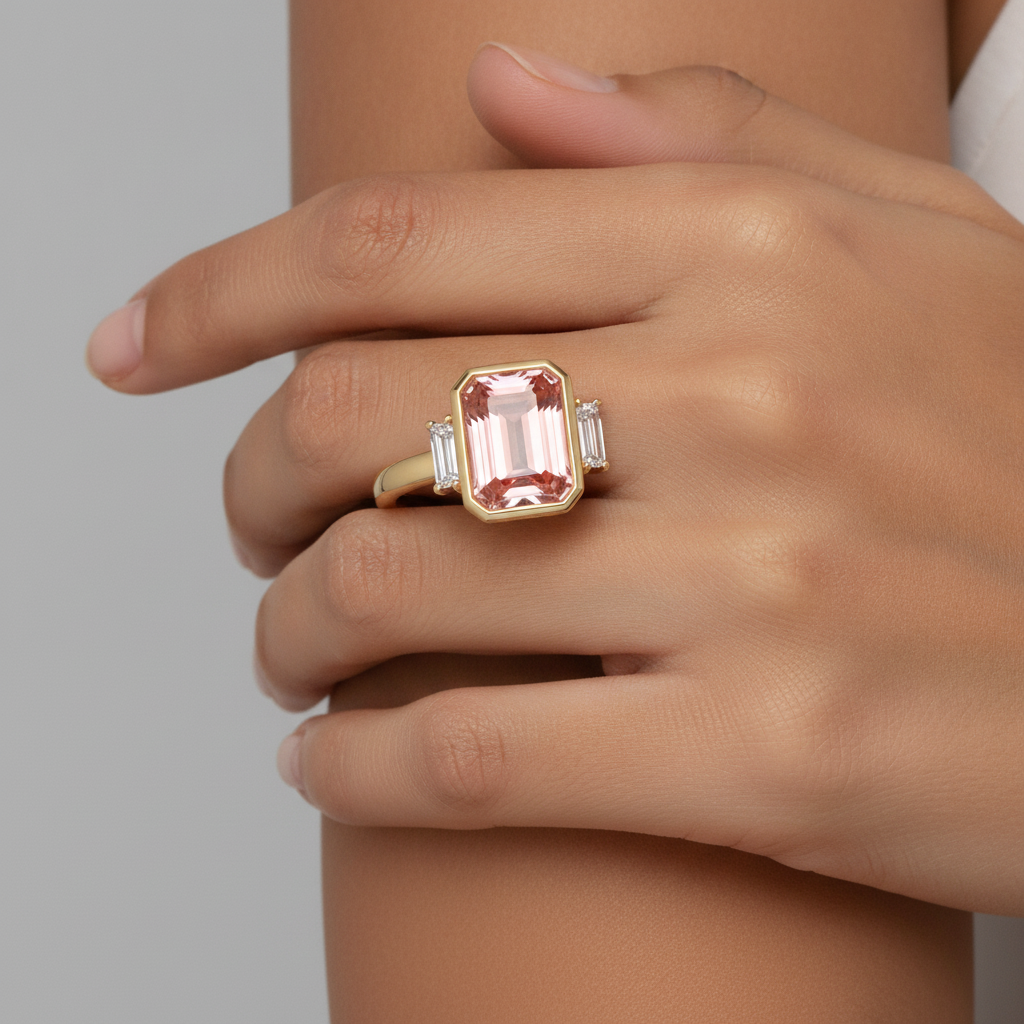 Laborgezüchteter Padparadscha-Saphir-Ring, 4,6 Karat, Smaragdschliff und weisse Baguettes, Lünette, Dreistein, 14 Karat Gelbgold