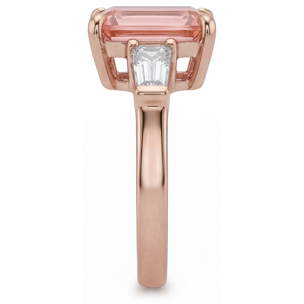 Pfirsich-Saphir-Ring 4,6 Karat, im Labor gezüchteter Padparadscha im Smaragdschliff und weisse Baguettes, Dreistein, 14 Karat Roségold