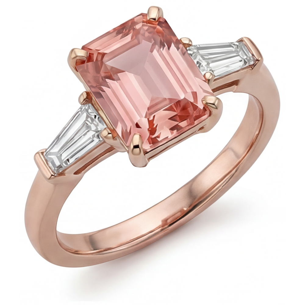 Pfirsich-Saphir-Ring 4,6 Karat, im Labor gezüchteter Padparadscha im Smaragdschliff und weisse Baguettes, Dreistein, 14 Karat Roségold