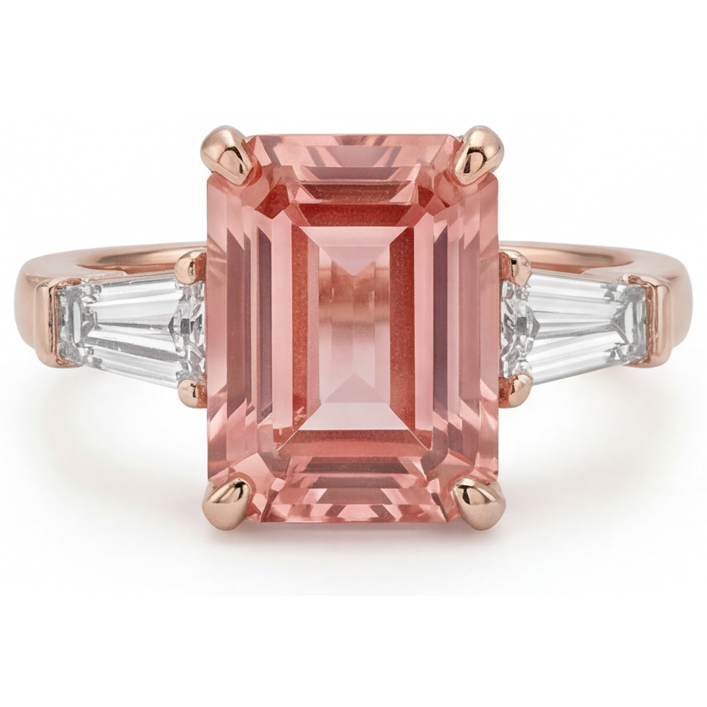 Pfirsich-Saphir-Ring 4,6 Karat, im Labor gezüchteter Padparadscha im Smaragdschliff und weisse Baguettes, Dreistein, 14 Karat Roségold