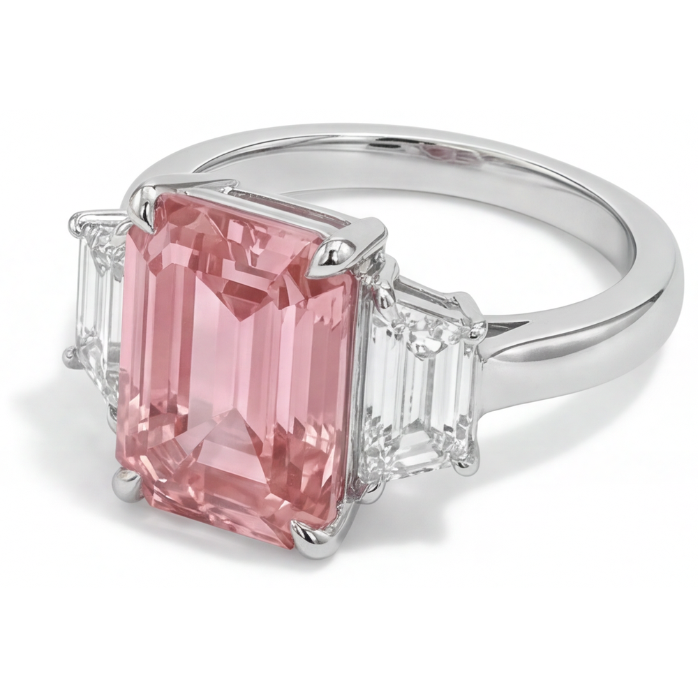 Pfirsichfarbener Padparadscha-Saphir, 4,6 Karat, im Labor gezüchtet, Smaragdschliff und weisse Trapeze, schlichter Dreisteinring aus 14 Karat Gold