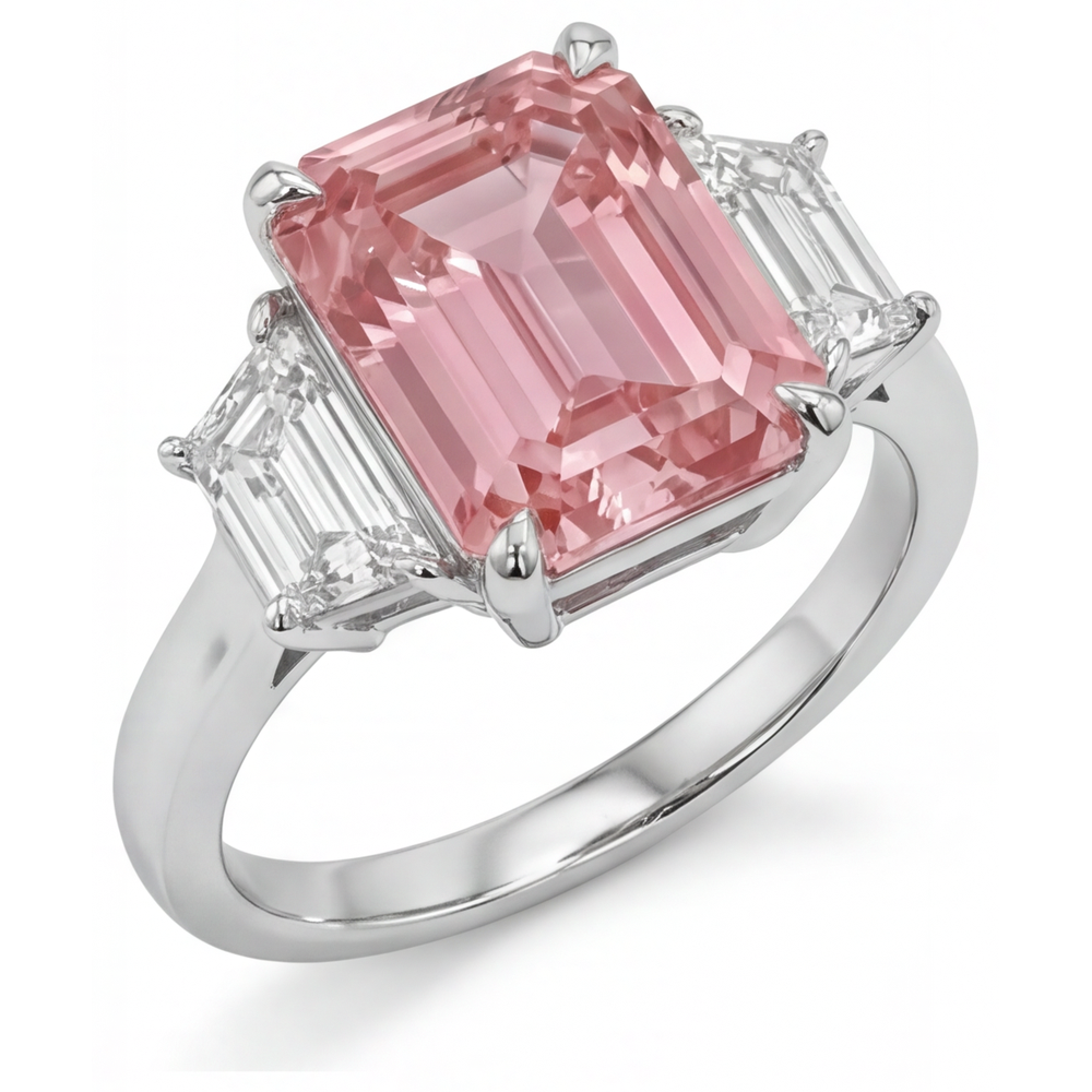 Pfirsichfarbener Padparadscha-Saphir, 4,6 Karat, im Labor gezüchtet, Smaragdschliff und weisse Trapeze, schlichter Dreisteinring aus 14 Karat Gold