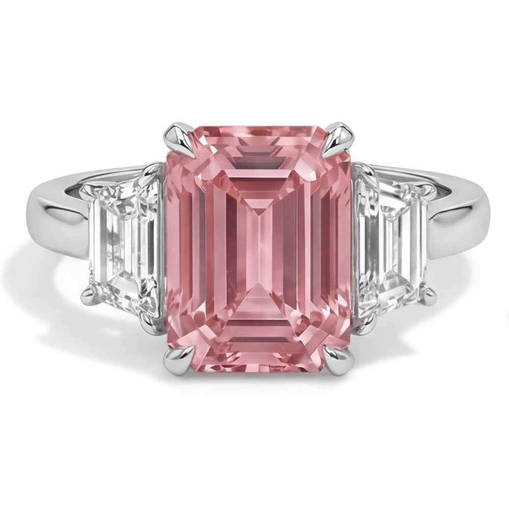 Pfirsichfarbener Padparadscha-Saphir, 4,6 Karat, im Labor gezüchtet, Smaragdschliff und weisse Trapeze, schlichter Dreisteinring aus 14 Karat Gold