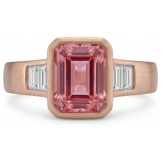 Orangefarbener Padparadscha-Saphir-Ring 2,9 Karat, echter Smaragd und weisse Baguette-Lünette, Dreistein, 14 Karat Roségold