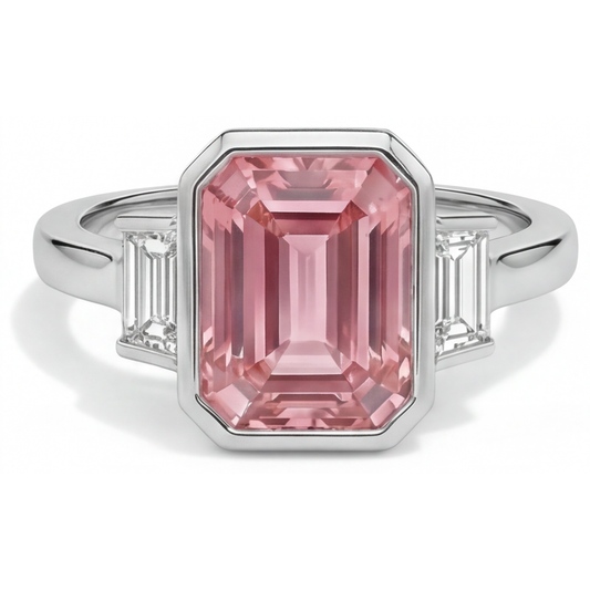 Padparadscha Verlobungsring 3,9 Karat echter Saphir im Smaragdschliff und weisse Baguette-Lünette Drei-Stein 14 Karat Gold