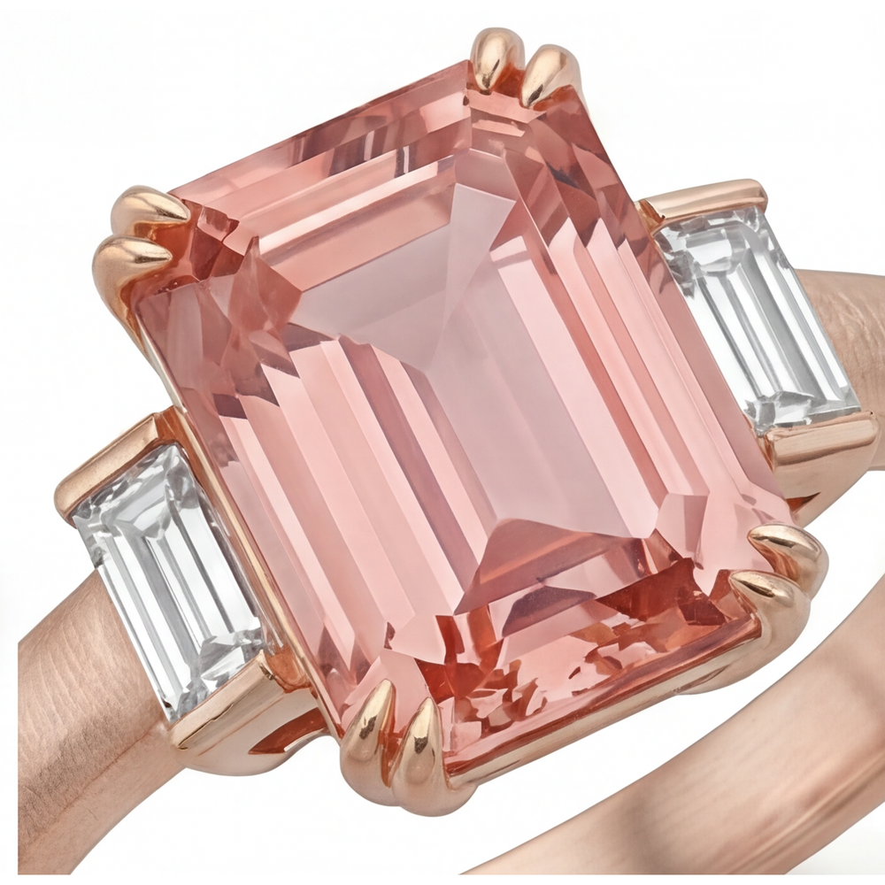 Oranger Padparadscha-Saphir-Dreistein-Ring 3,9 Karat mit echtem Smaragd und weissem Baguette, 14 Karat Roségold