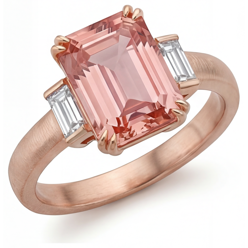 Oranger Padparadscha-Saphir-Dreistein-Ring 3,9 Karat mit echtem Smaragd und weissem Baguette, 14 Karat Roségold