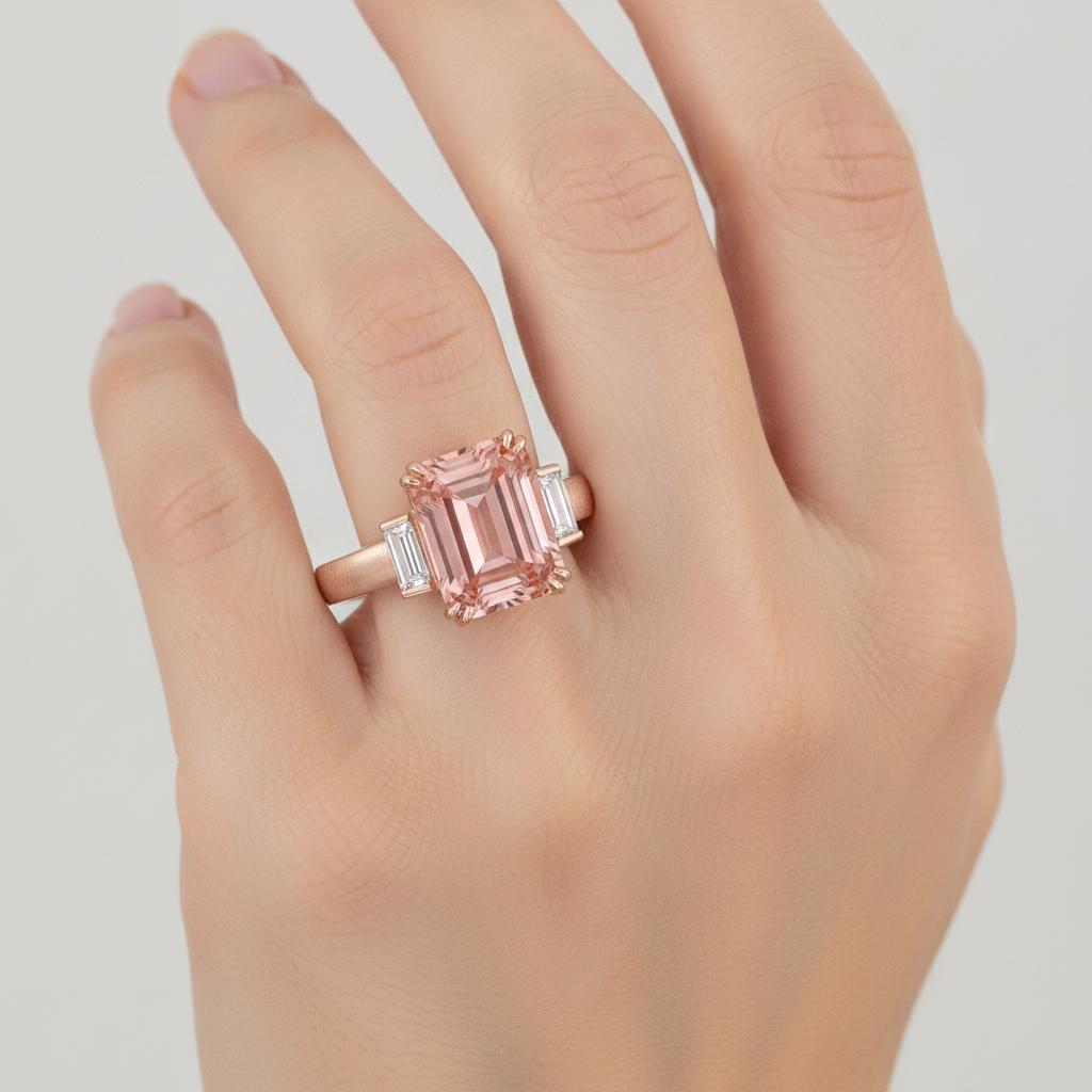 Oranger Padparadscha-Saphir-Dreistein-Ring 3,9 Karat mit echtem Smaragd und weissem Baguette, 14 Karat Roségold