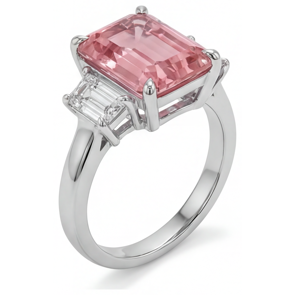 Padparadscha-Ring, 2,9 Karat, echter Saphir im Smaragdschliff mit weissen Baguettes, Dreistein-Ring, schlichtes 14-Karat-Gold