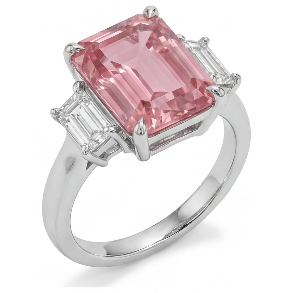 Padparadscha-Ring, 2,9 Karat, echter Saphir im Smaragdschliff mit weissen Baguettes, Dreistein-Ring, schlichtes 14-Karat-Gold
