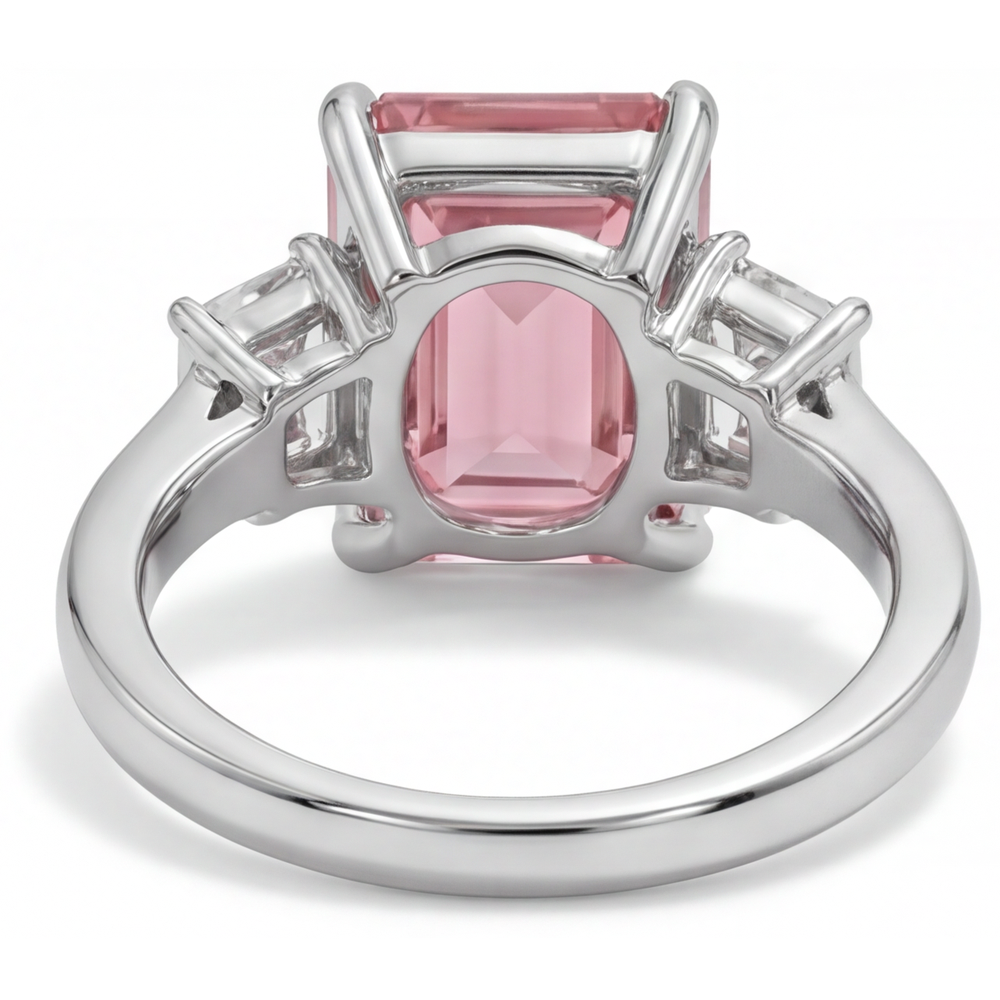 Padparadscha-Ring, 2,9 Karat, echter Saphir im Smaragdschliff mit weissen Baguettes, Dreistein-Ring, schlichtes 14-Karat-Gold