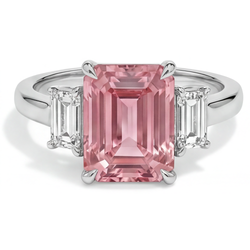 Padparadscha-Ring, 2,9 Karat, echter Saphir im Smaragdschliff mit weissen Baguettes, Dreistein-Ring, schlichtes 14-Karat-Gold