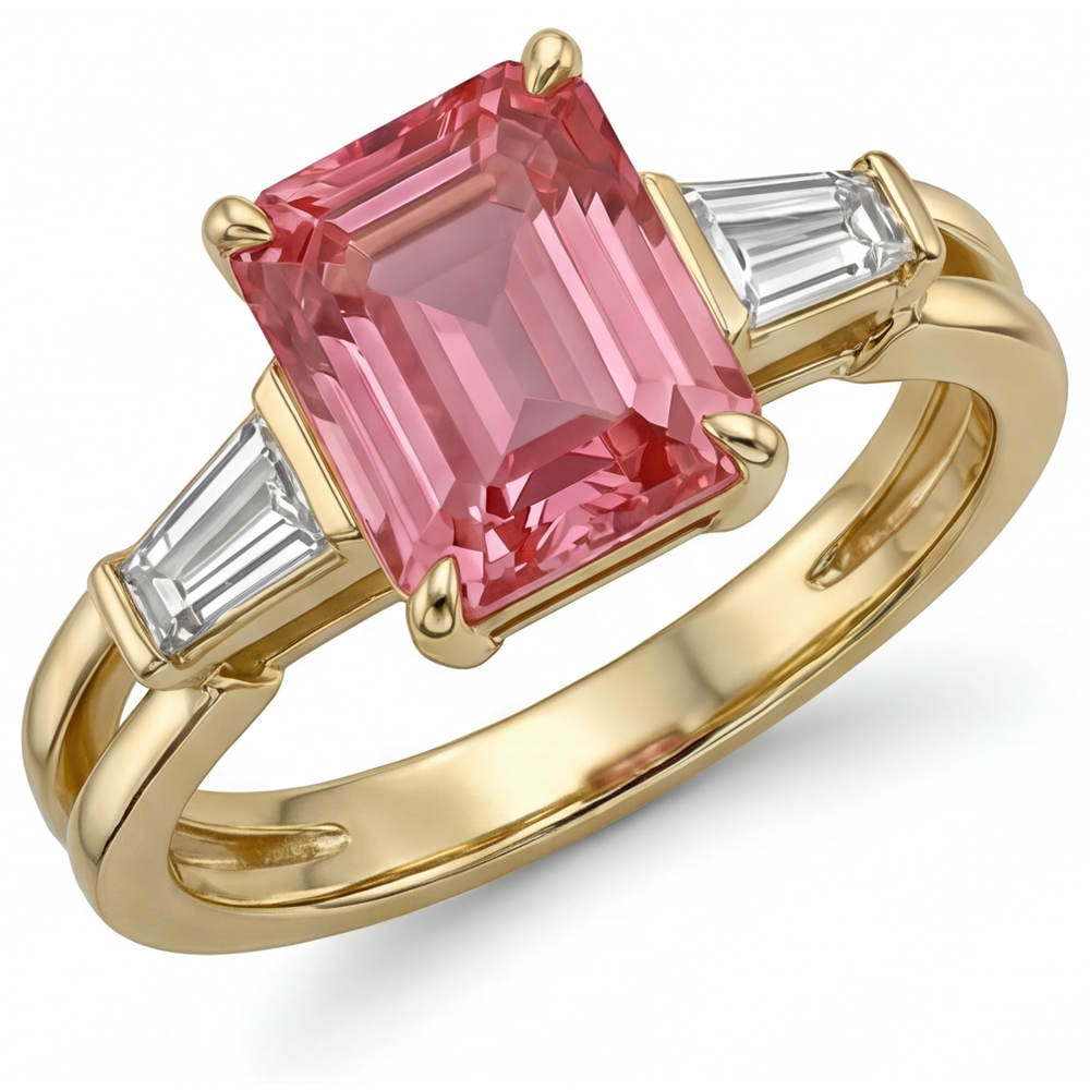 Pfirsich-Saphir-Ring 2,9 Karat, echter Padparadscha im Smaragdschliff und weisse Baguettes, Dreistein-Ring, 14 Karat Gelbgold
