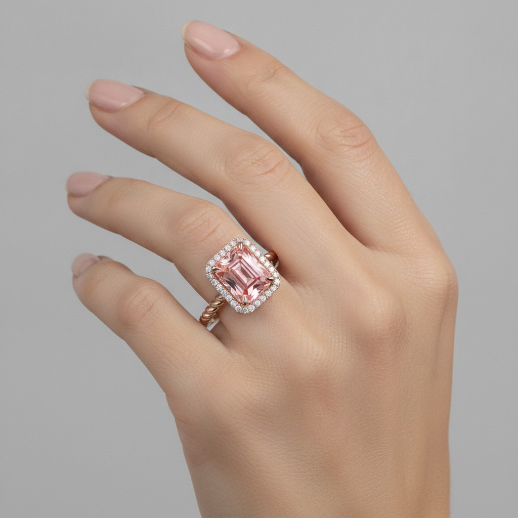 Orangefarbener Padparadscha-Saphir-Ring, 2,5 Karat, echter Smaragd-Halo, 14 Karat Roségold