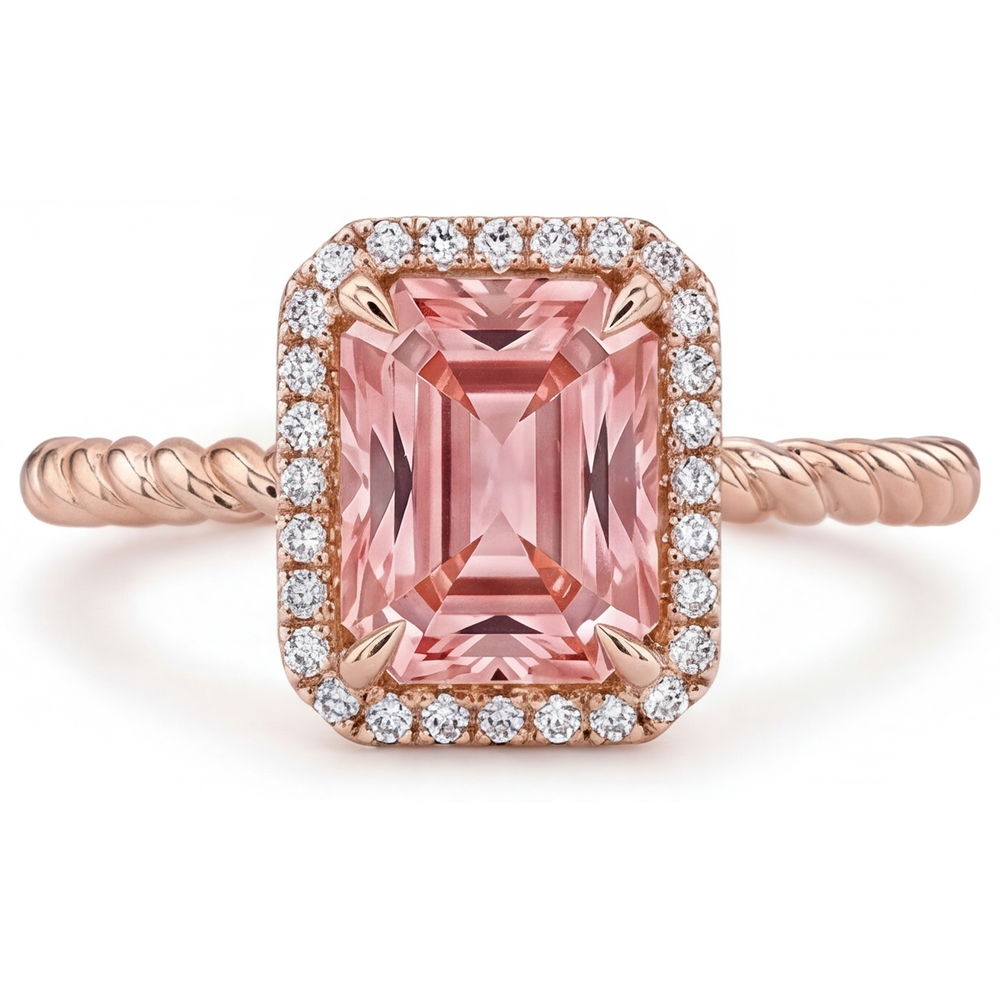 Orangefarbener Padparadscha-Saphir-Ring, 2,5 Karat, echter Smaragd-Halo, 14 Karat Roségold