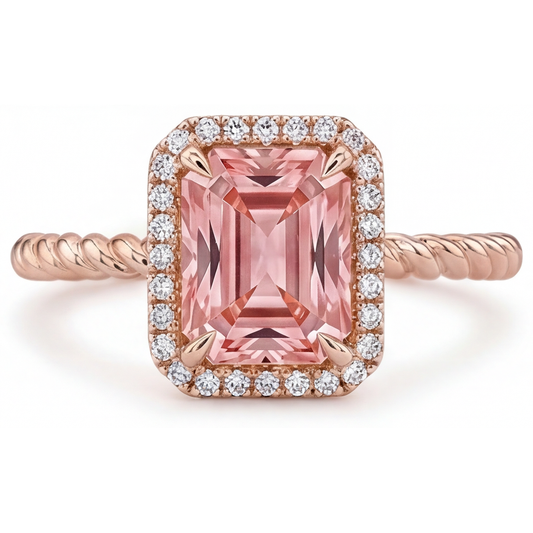 Orangefarbener Padparadscha-Saphir-Ring, 2,5 Karat, echter Smaragd-Halo, 14 Karat Roségold