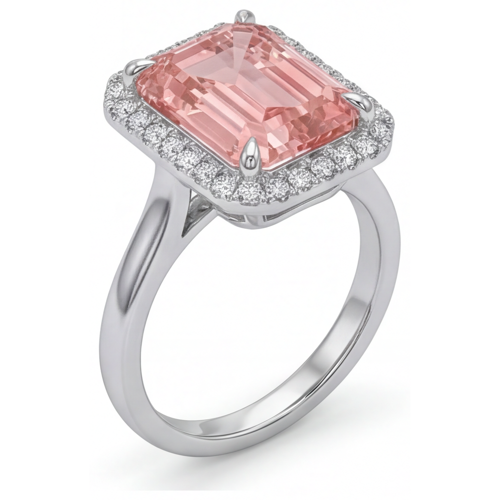 Pfirsich-Saphir Verlobungsring 2,8 Karat Echter Smaragd Padparadscha Halo 14 Karat Weißgold