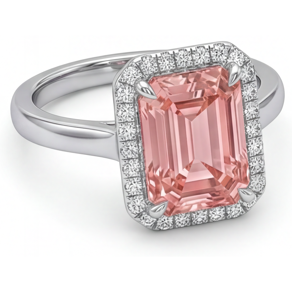Pfirsich-Saphir Verlobungsring 2,8 Karat Echter Smaragd Padparadscha Halo 14 Karat Weißgold