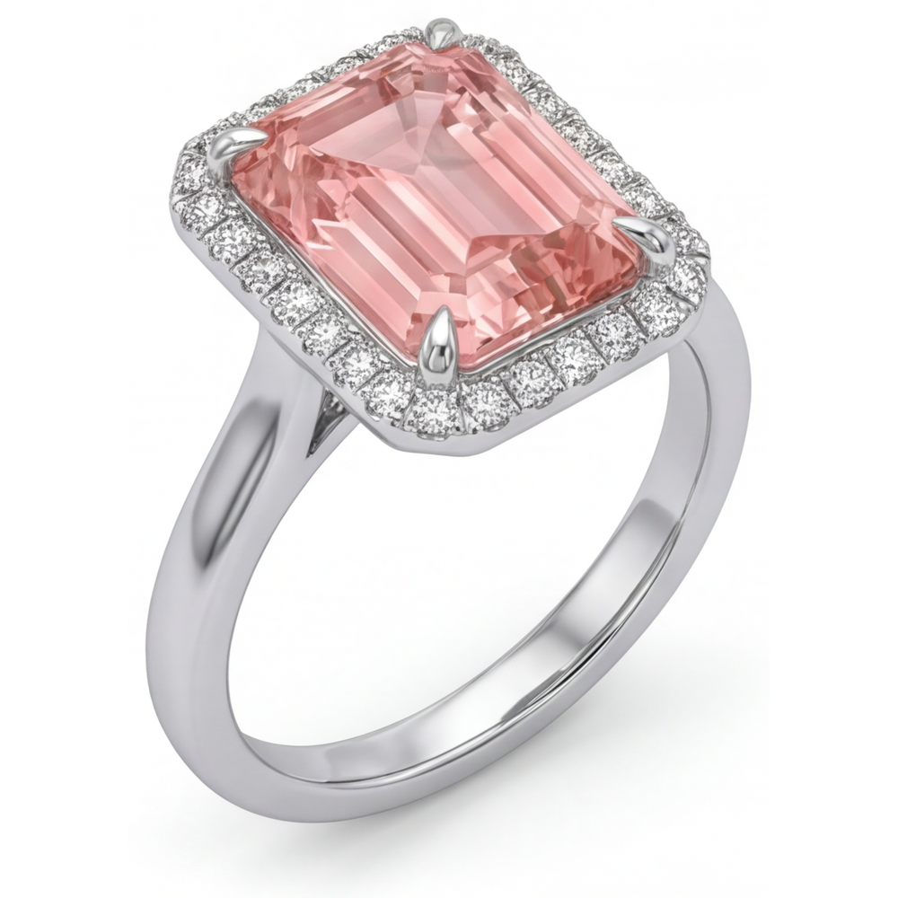 Pfirsich-Saphir Verlobungsring 2,8 Karat Echter Smaragd Padparadscha Halo 14 Karat Weißgold