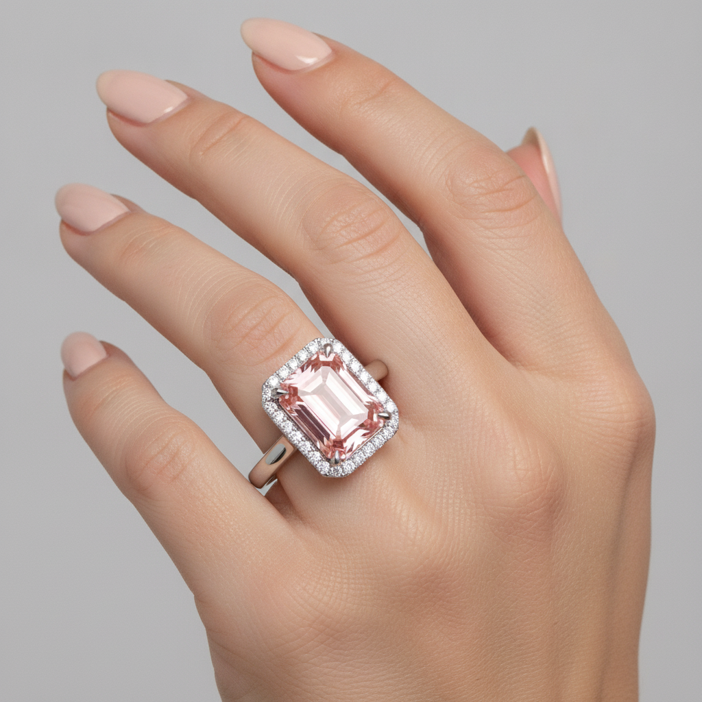 Pfirsich-Saphir Verlobungsring 2,8 Karat Echter Smaragd Padparadscha Halo 14 Karat Weißgold