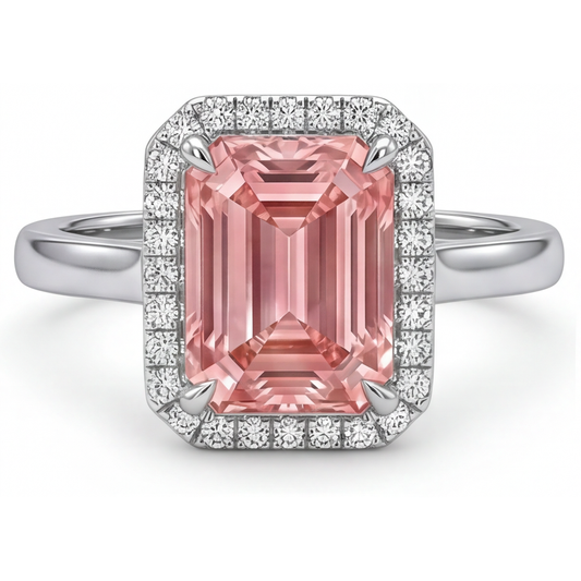 Pfirsich-Saphir Verlobungsring 2,8 Karat Echter Smaragd Padparadscha Halo 14 Karat Weißgold
