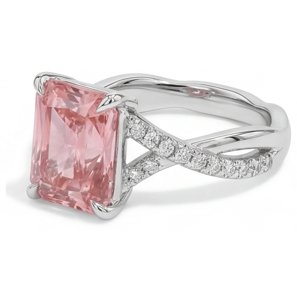Pfirsichfarbener Padparadscha-Saphir 2,8 Karat, echter Smaragd, Pavé-Ring aus 14 Karat Weißgold