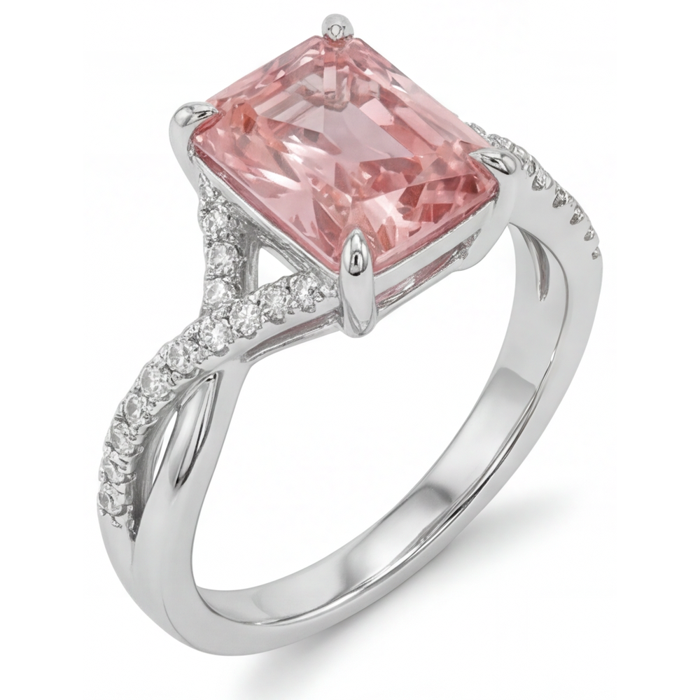 Pfirsichfarbener Padparadscha-Saphir 2,8 Karat, echter Smaragd, Pavé-Ring aus 14 Karat Weißgold