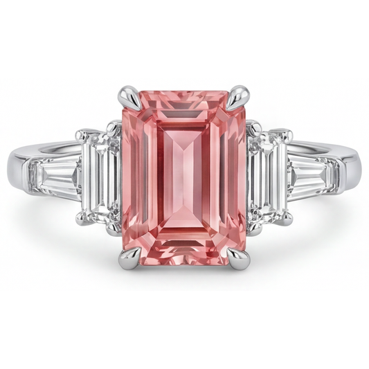 Padparadscha-Saphir-Verlobungsring 3,9 Karat, echter Smaragd und weisse Baguette-Diamanten, Drei-Stein-Kathedralfassung, 14 Karat Gold