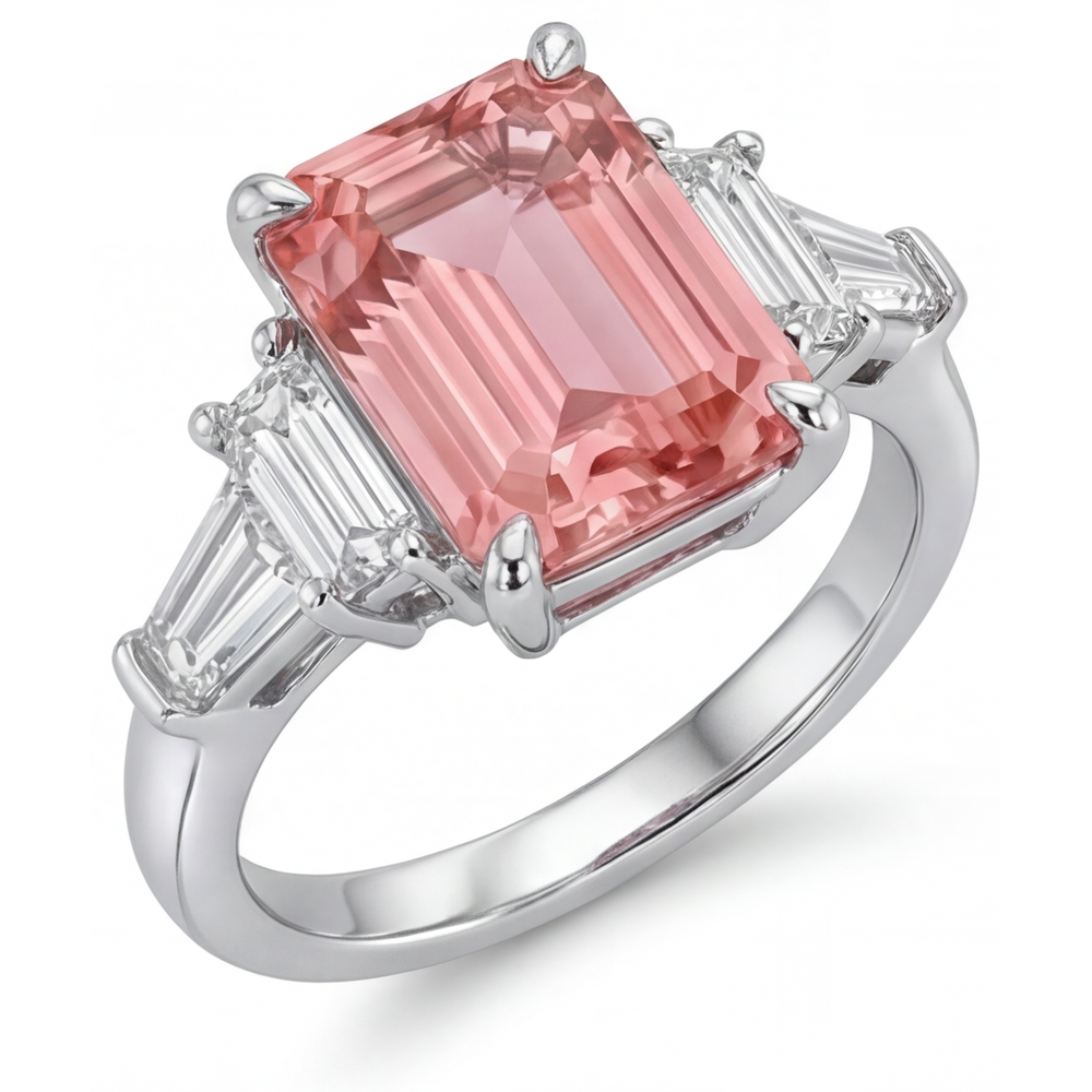 Padparadscha-Saphir-Verlobungsring 3,9 Karat, echter Smaragd und weisse Baguette-Diamanten, Drei-Stein-Kathedralfassung, 14 Karat Gold