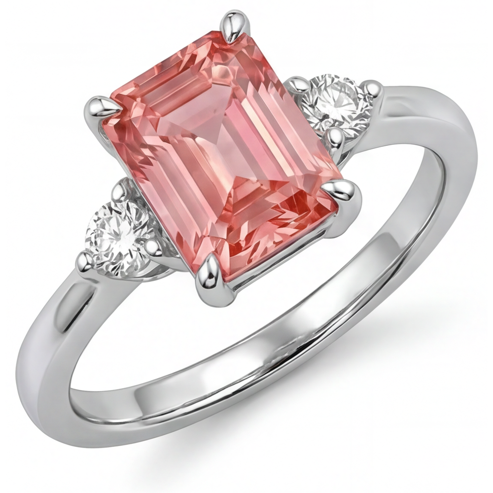 Echter Dreisteinring aus 14 Karat Weißgold mit Padparadscha-Saphir im Smaragdschliff, 2,9 Karat