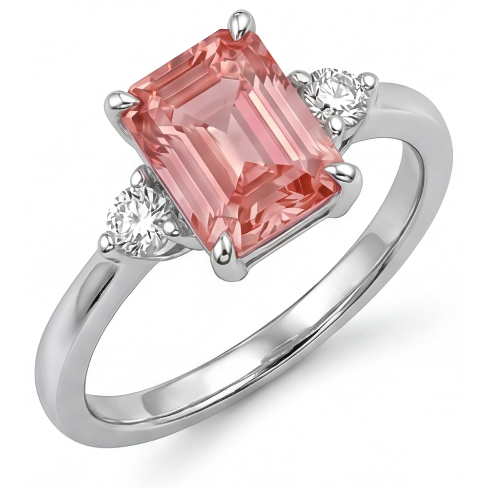 Echter Dreisteinring aus 14 Karat Weißgold mit Padparadscha-Saphir im Smaragdschliff, 2,9 Karat