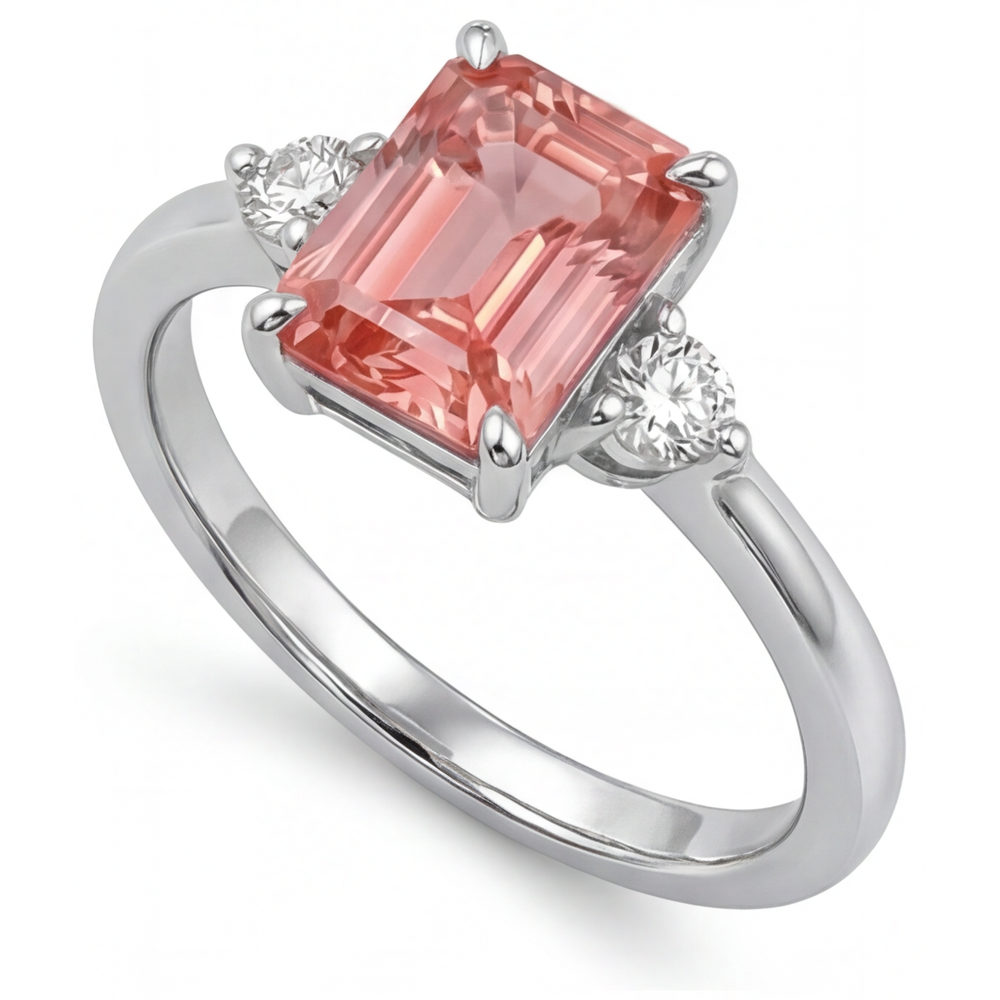 Echter Dreisteinring aus 14 Karat Weißgold mit Padparadscha-Saphir im Smaragdschliff, 2,9 Karat