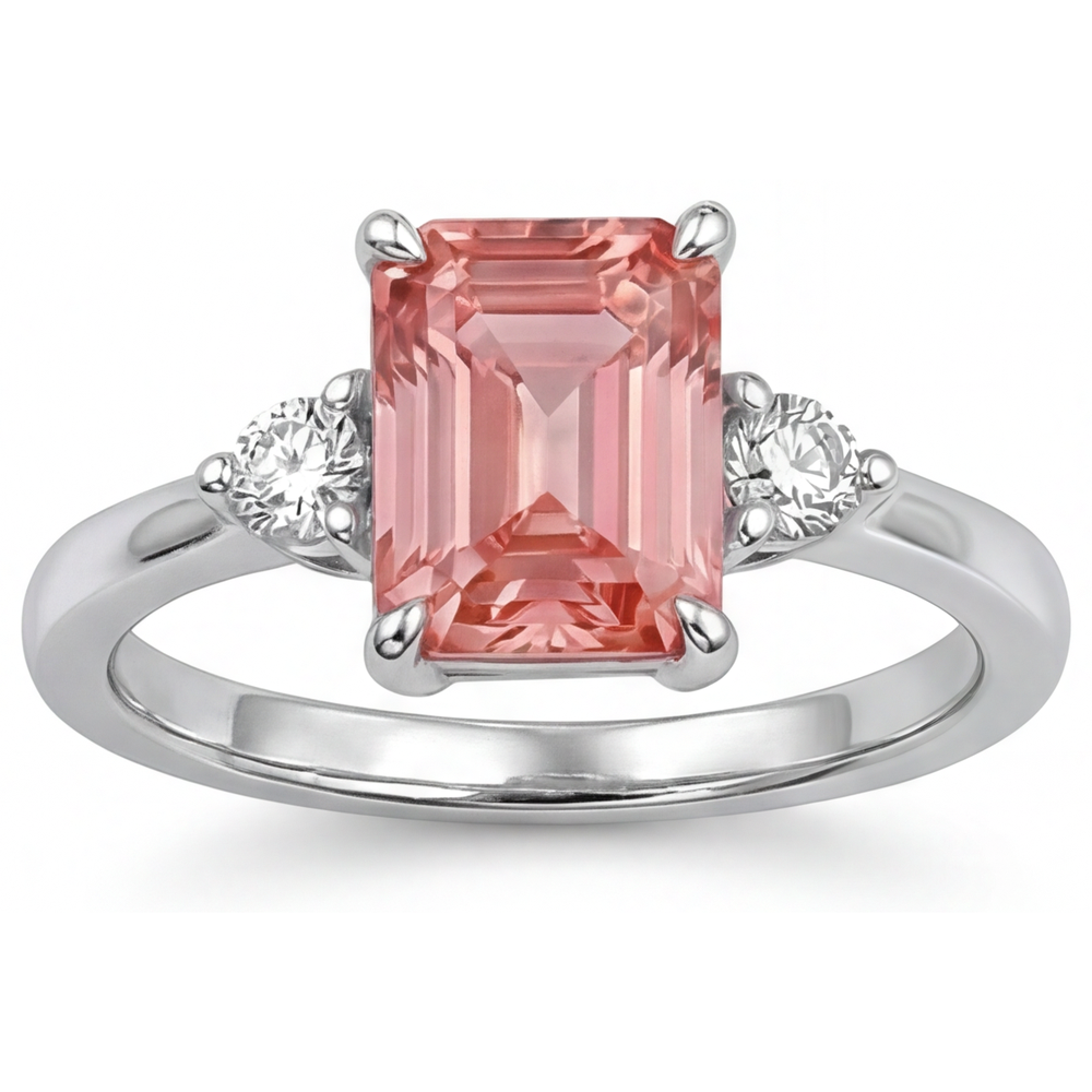 Echter Dreisteinring aus 14 Karat Weißgold mit Padparadscha-Saphir im Smaragdschliff, 2,9 Karat