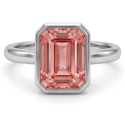 Pfirsichfarbener Padparadscha-Saphir 2,5 Karat, natürlicher Smaragdschliff, Solitärring mit Lünette, 14 Karat Weißgold