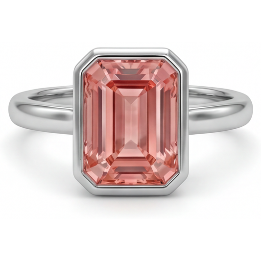 Pfirsichfarbener Padparadscha-Saphir 2,5 Karat, natürlicher Smaragdschliff, Solitärring mit Lünette, 14 Karat Weißgold