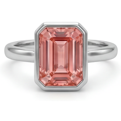 Pfirsichfarbener Saphir, 2,5 Karat natürlicher Padparadscha im Smaragdschliff, Solitärring mit Lünette, 14 Karat Weißgold