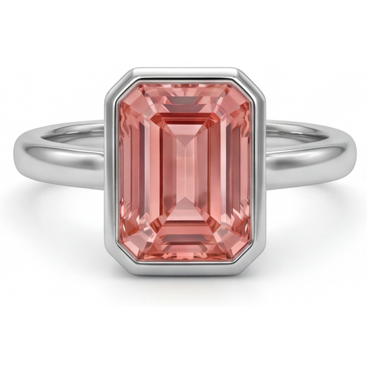 Pfirsichfarbener Saphir, 2,5 Karat natürlicher Padparadscha im Smaragdschliff, Solitärring mit Lünette, 14 Karat Weißgold