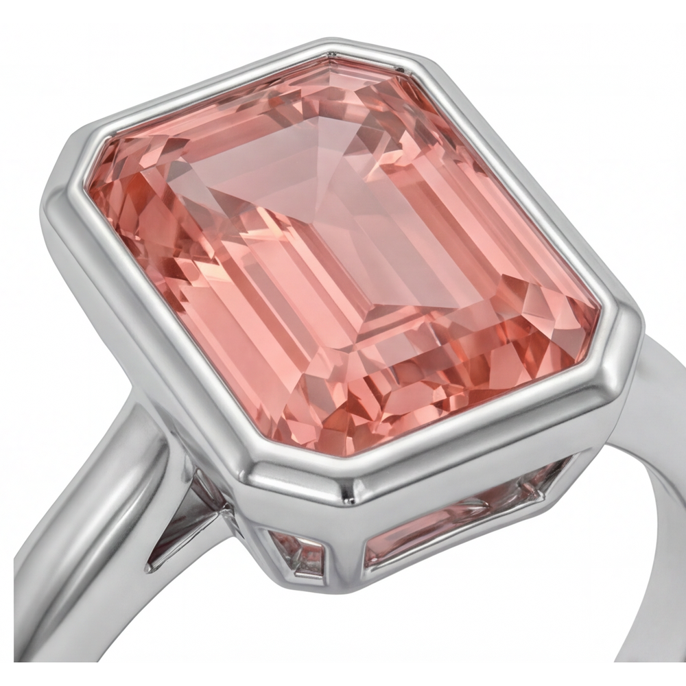 Pfirsichfarbener Saphir, 2,5 Karat natürlicher Padparadscha im Smaragdschliff, Solitärring mit Lünette, 14 Karat Weißgold