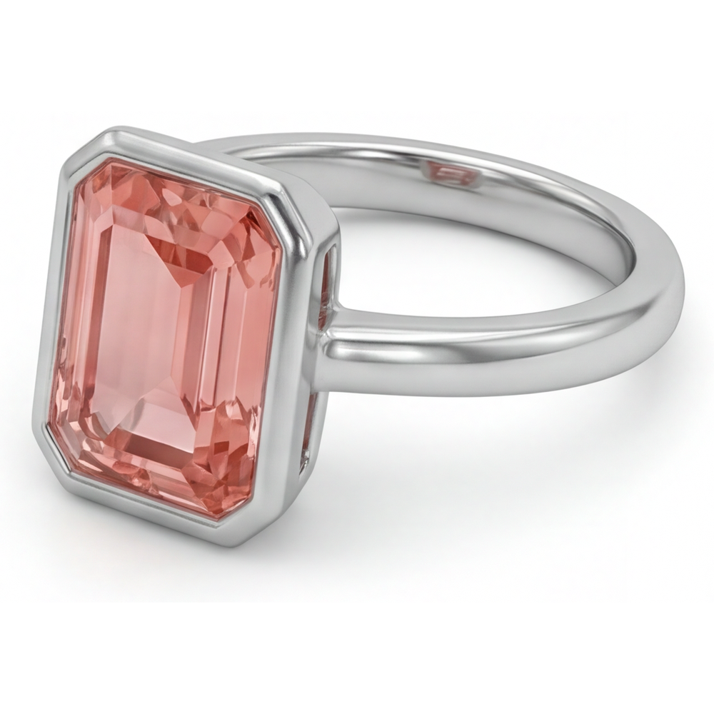 Pfirsichfarbener Padparadscha-Saphir 2,5 Karat, natürlicher Smaragdschliff, Solitärring mit Lünette, 14 Karat Weißgold