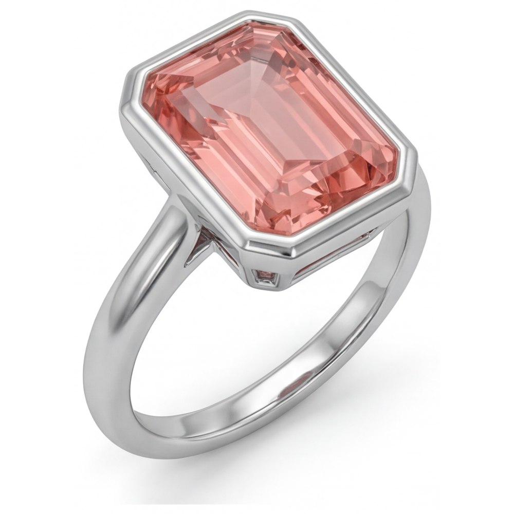 Pfirsichfarbener Saphir, 2,5 Karat natürlicher Padparadscha im Smaragdschliff, Solitärring mit Lünette, 14 Karat Weißgold