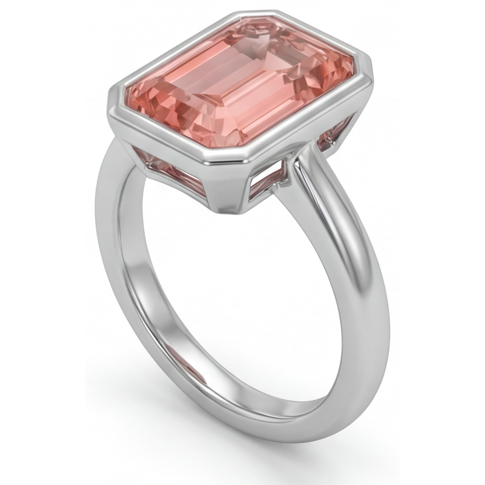 Pfirsichfarbener Padparadscha-Saphir 2,5 Karat, natürlicher Smaragdschliff, Solitärring mit Lünette, 14 Karat Weißgold