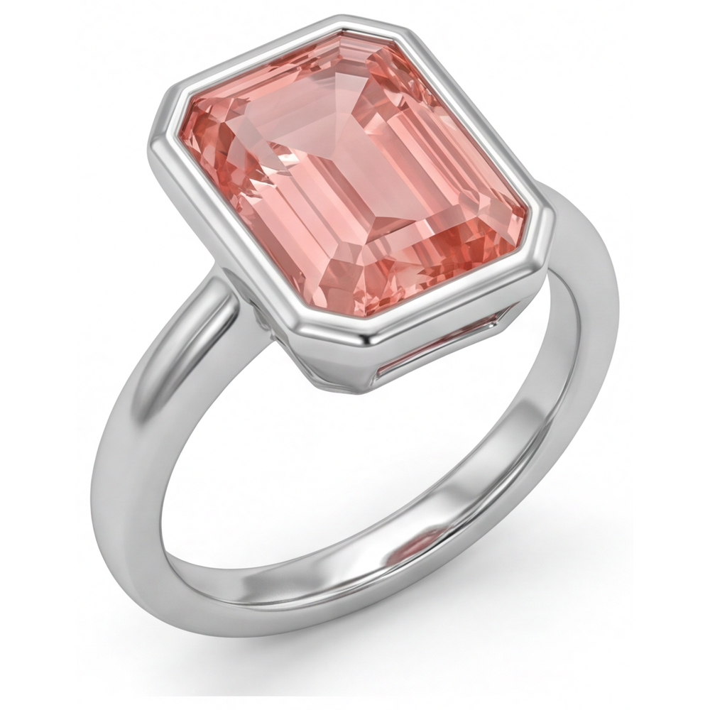 Pfirsichfarbener Padparadscha-Saphir 2,5 Karat, natürlicher Smaragdschliff, Solitärring mit Lünette, 14 Karat Weißgold
