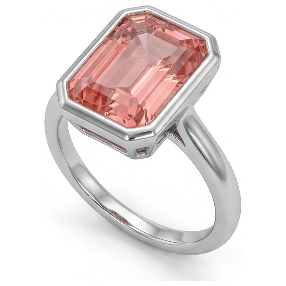Pfirsichfarbener Saphir, 2,5 Karat natürlicher Padparadscha im Smaragdschliff, Solitärring mit Lünette, 14 Karat Weißgold