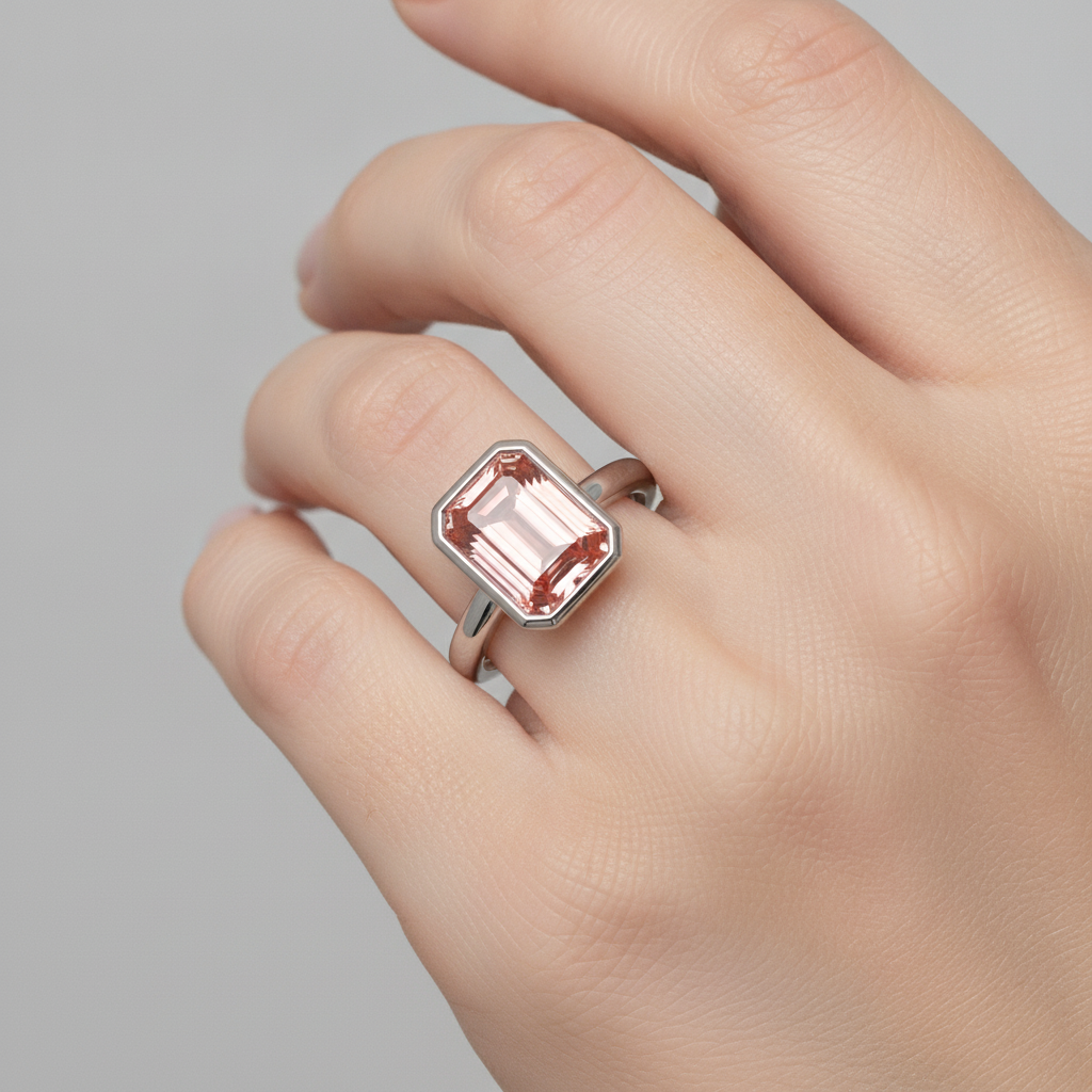 Pfirsichfarbener Saphir, 2,5 Karat natürlicher Padparadscha im Smaragdschliff, Solitärring mit Lünette, 14 Karat Weißgold